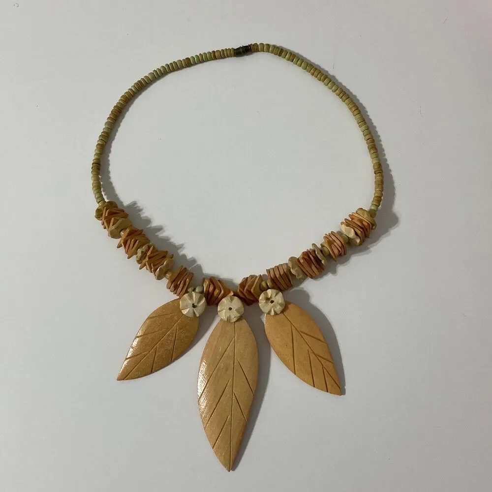 Carved Wooden Leaves Necklace Orange Beaded Bib Bohemian 1980s Vintage Autumn